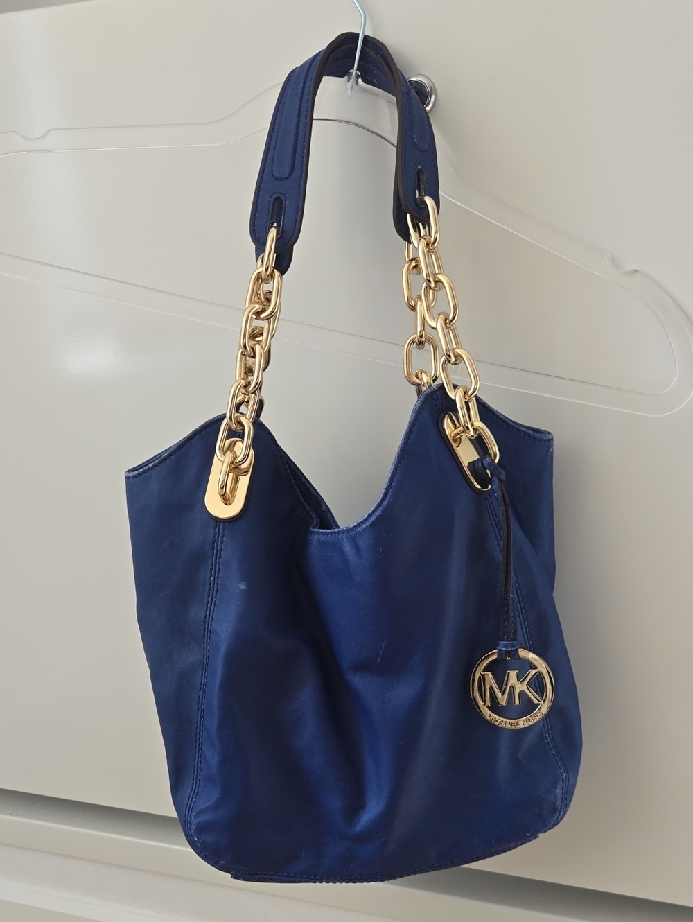 Michael Kors MK Charm Royal Blue Leather Tote Bag with Gold Chain Handles
